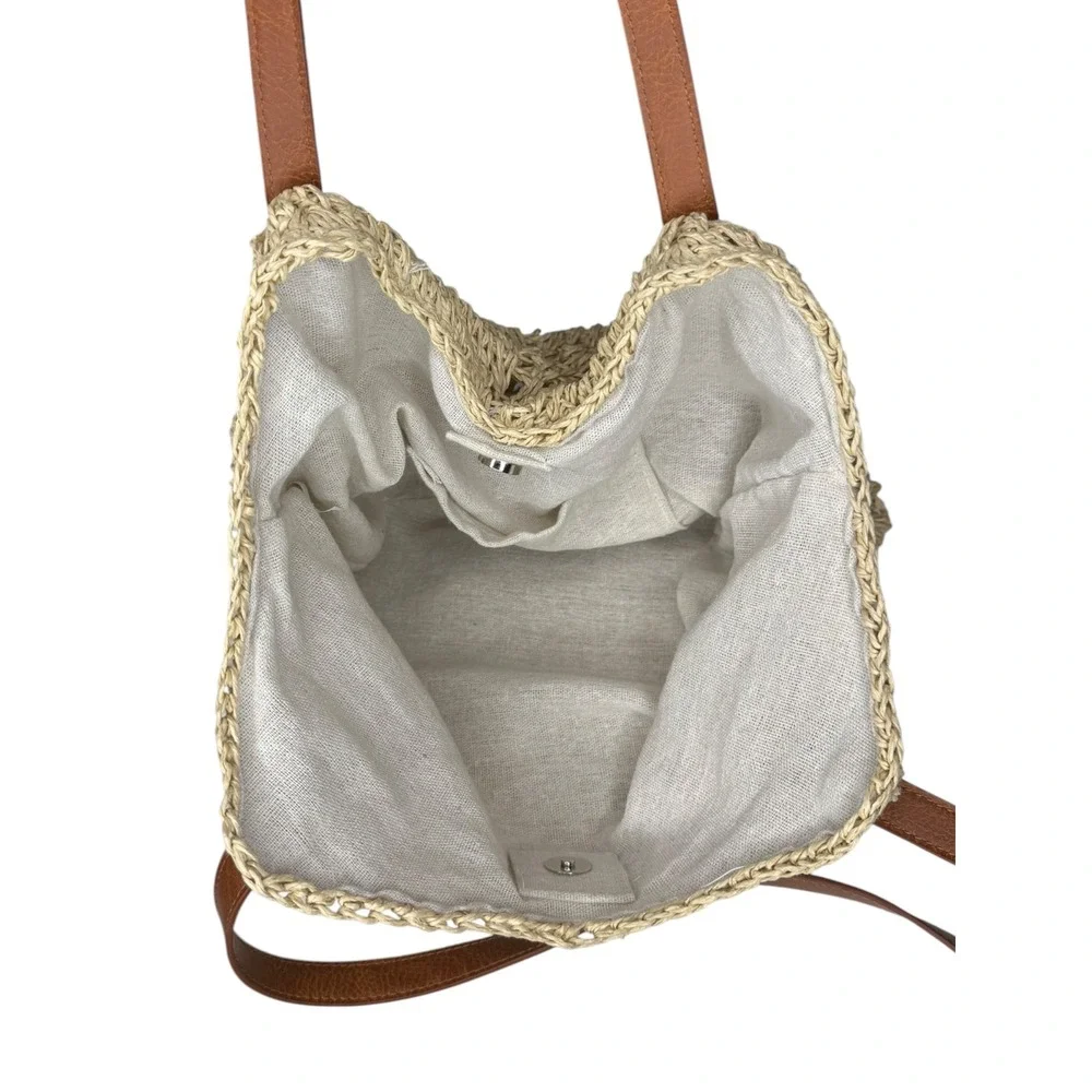 LinYooLi Woven Straw Crochet‎ Cream & Brown Faux Leather Straps Boho Tote Bag